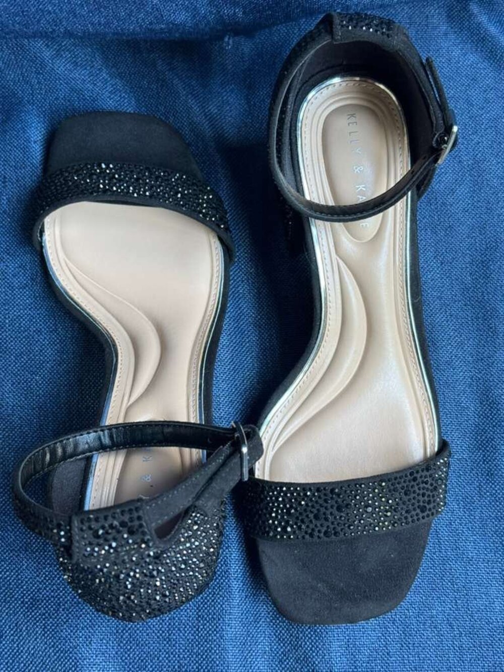 Kelly & Katie Marybel Black Rhinestone Block Heel Sandals Size 8M NWOT
